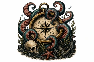A kraken's tentacles coiling around a nautical compass on a dark ocean floor. tattoo idea