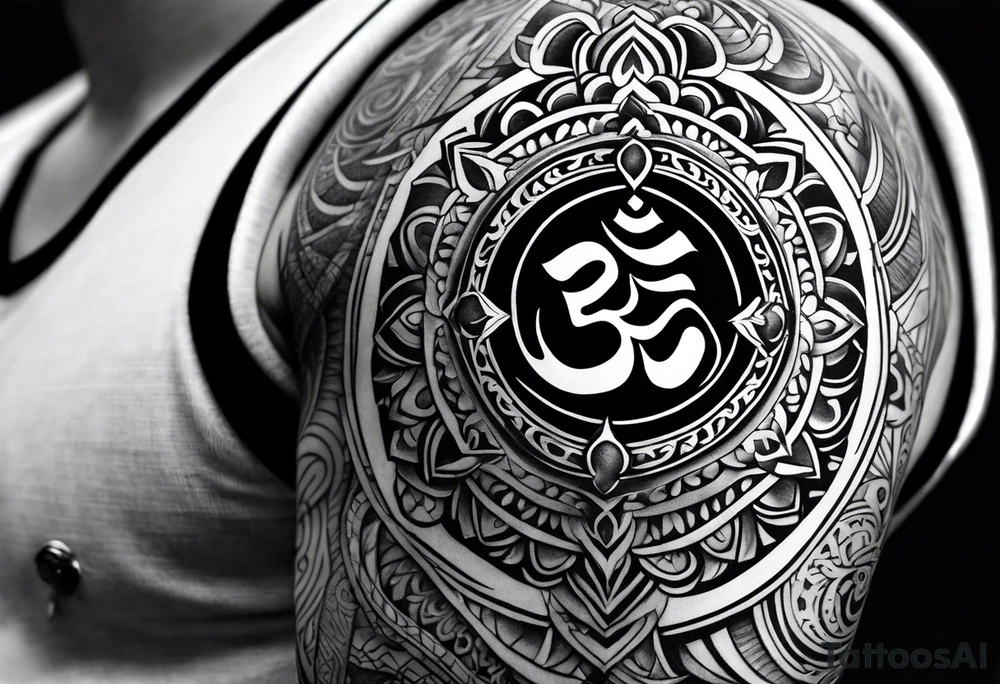 Forearm sleeve tattoo based around Sanskrit Om symbol tattoo idea