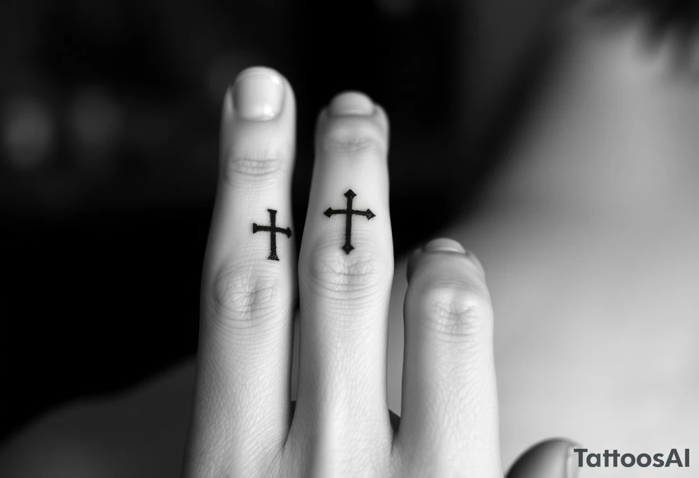 3 simple cross side by side on top of the 4th finger. elegant, simple.
Use simple t that are simple lines, like a micro tattoo. no complicated designs or lines

only finger tattoo, on a single finger.
do not show other body parts tattoo idea