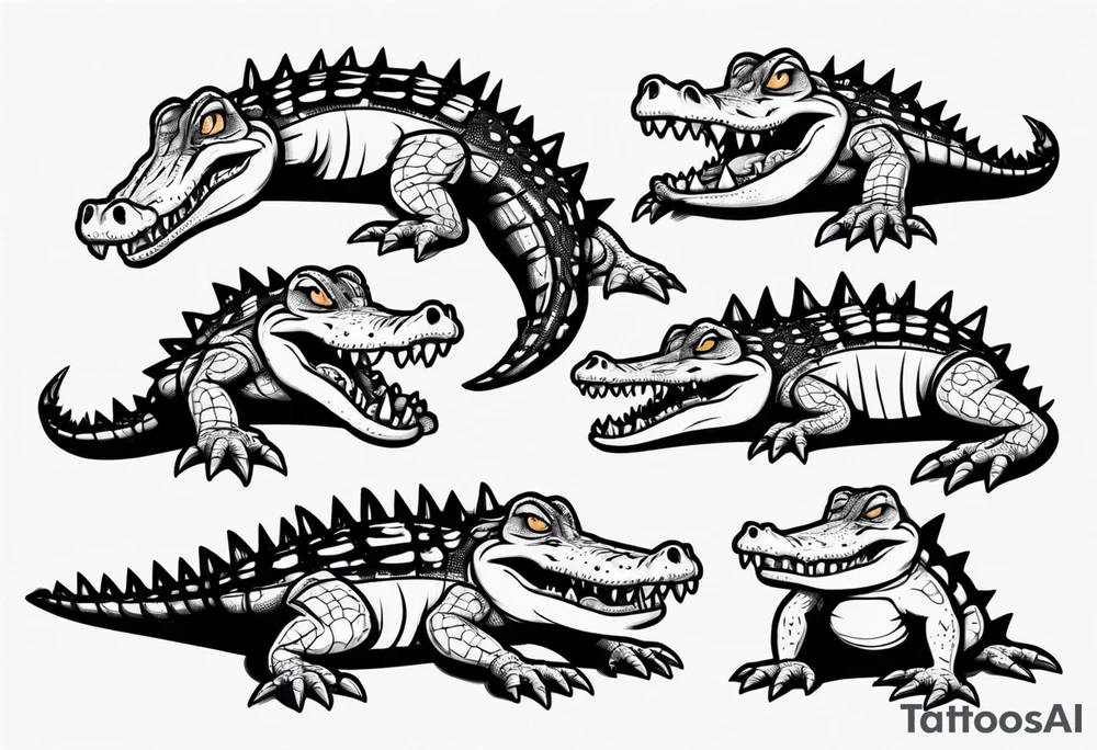 drunk crying cute cartoon crocodile full body tattoo idea