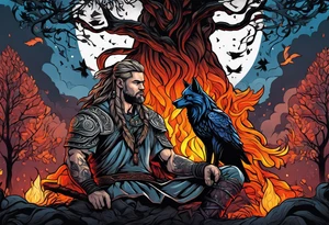 Germanic warrior
 sitting in front of a fire with the tree of life behind him and a wolf and a raven tattoo idea