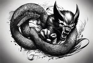 A wolverine animal fighting a snake with a vertical layout to go from shoulder to bicep tattoo idea