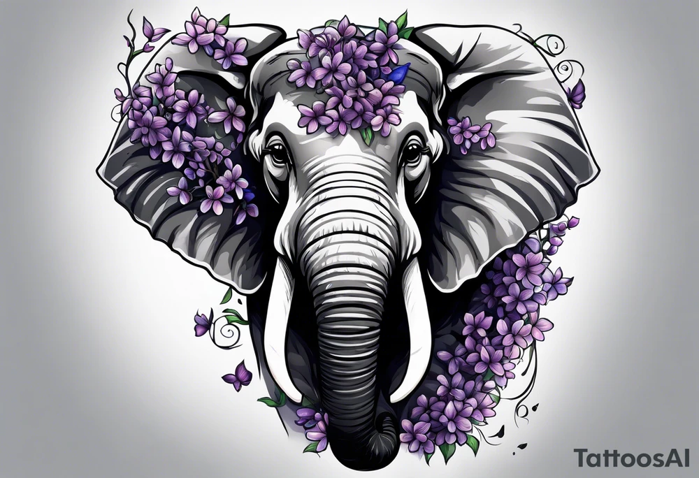 Elephant face covered in lilacs tattoo idea