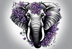 Elephant face covered in lilacs tattoo idea