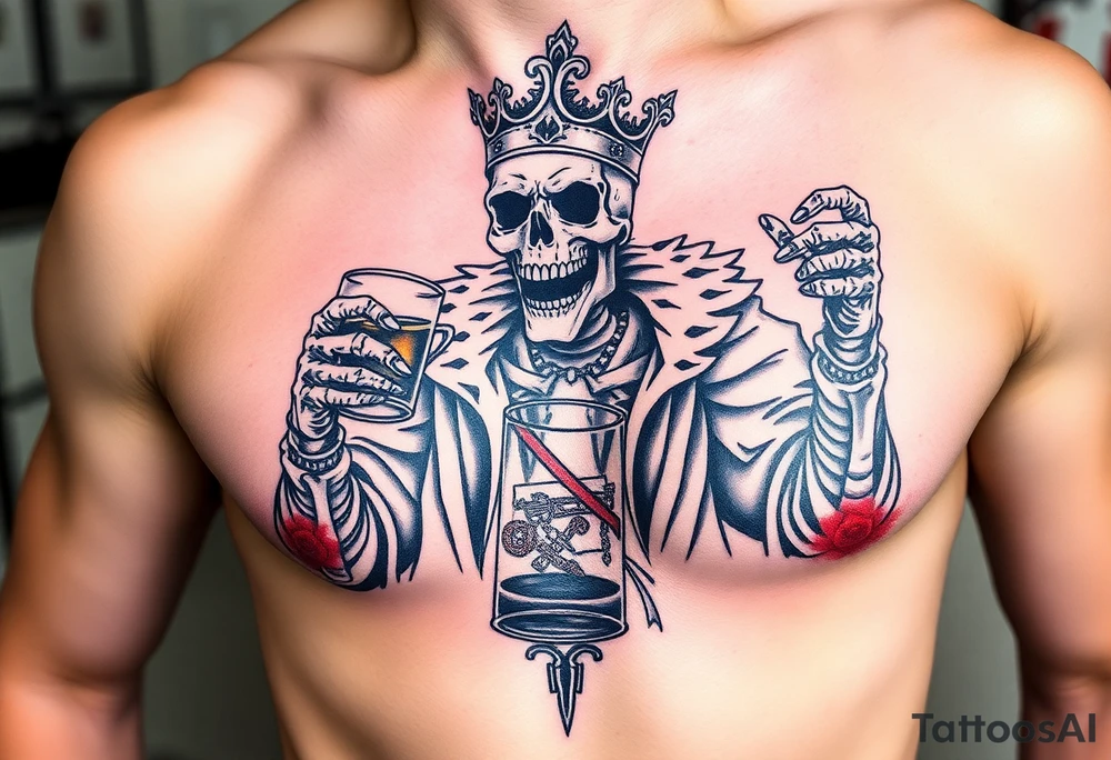 evil skeleton king in clothes having a good time getting drunk tattoo idea