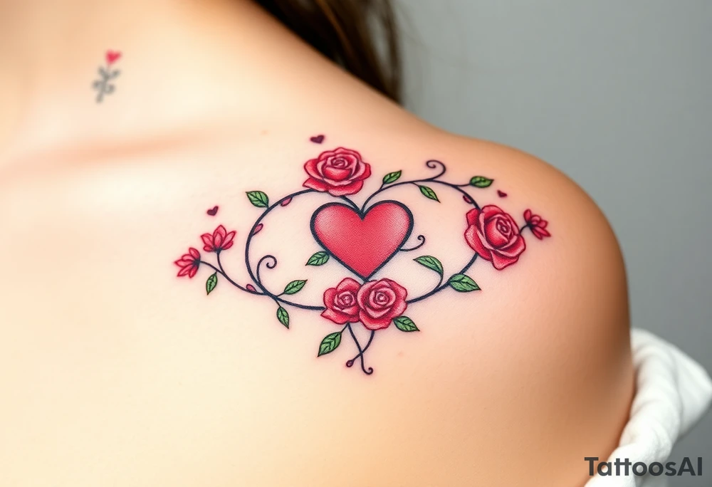 A vine-like infinity symbol with delicate roses and a heart at its center, symbolizing love that continuously grows, in soft red and green hues tattoo idea