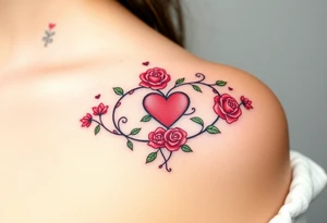 A vine-like infinity symbol with delicate roses and a heart at its center, symbolizing love that continuously grows, in soft red and green hues tattoo idea
