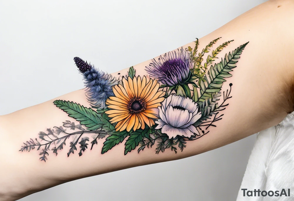 spread out mixed wildflower bouquet with ferns, thistle and with rcolor tattoo idea