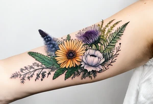 spread out mixed wildflower bouquet with ferns, thistle and with rcolor tattoo idea