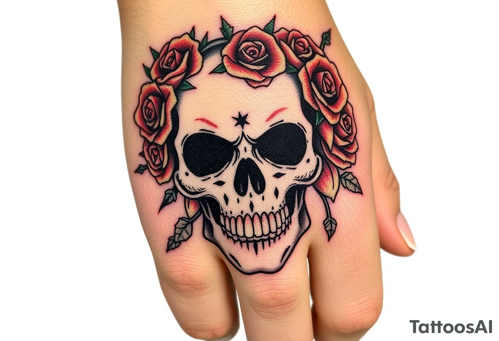 ornate skull adorned with crown of wild roses and thorns tattoo idea