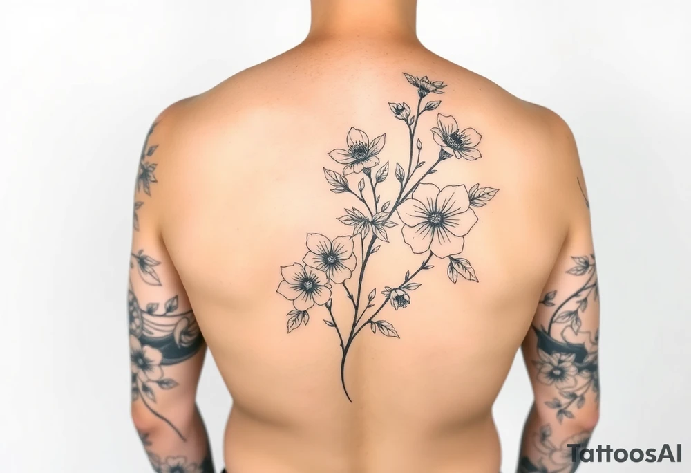 Full sleeve tattoo design of larkspur and hawthorn flowers, highly detailed line art, black ink, elegant botanical style, intertwined composition, no shading, no human mock-up, clean stencil style suitable for tattooing, fit fully within boundaries. LINE ART ONLY, REMOVE HUMAN, NO SKIN tattoo idea
