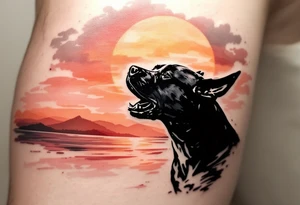 Pitbull howling in front of a sunset, silhouette-style with black fur outlines, warm orange, red, and pink sky blending in the background for a serene yet powerful effect. tattoo idea