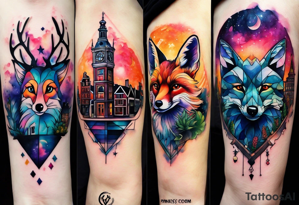 Arm tattoo, Animals, birds, stag, fox, watercolour of animals made from glass in Amsterdam featuring Amsterdam buildings and Amsterdam canal in galaxy colours featuring pineapples as space colours, galaxy colours, night sky, pineapples tattoo idea