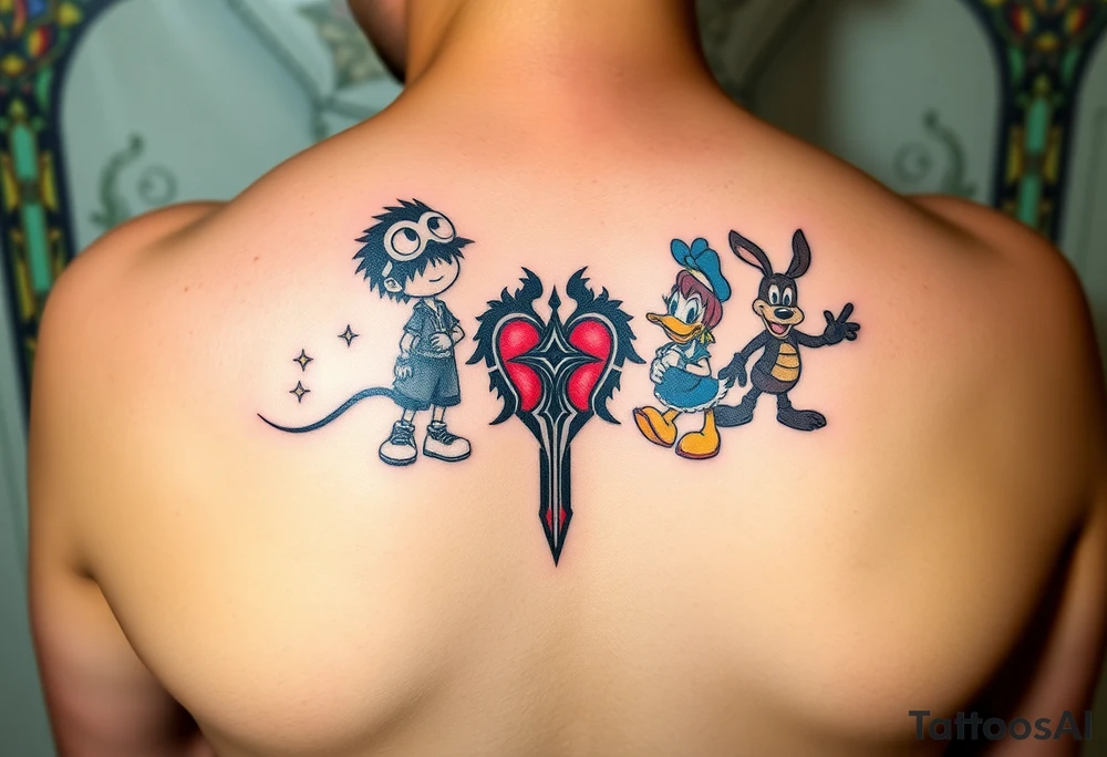 custom Kingdom Hearts tattoo design featuring Sora, Kairi, Riku, Donald, and Goofy together in a dynamic, united pose. The centerpiece should include the Heartless Keyblade, with a beautiful and ethereal Kingdom Hearts-inspired background—think glowing stars, floating islands, and stained-glass elements. The design should capture themes of friendship, light vs. darkness, and adventure. Style should be detailed, fantasy-oriented, and suitable for a large piece (like an upper arm sleeve or back piece).” tattoo idea