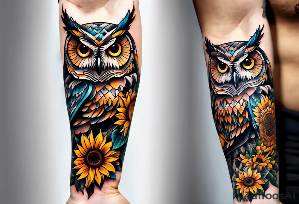Owl and sunflower sleeve tattoo idea