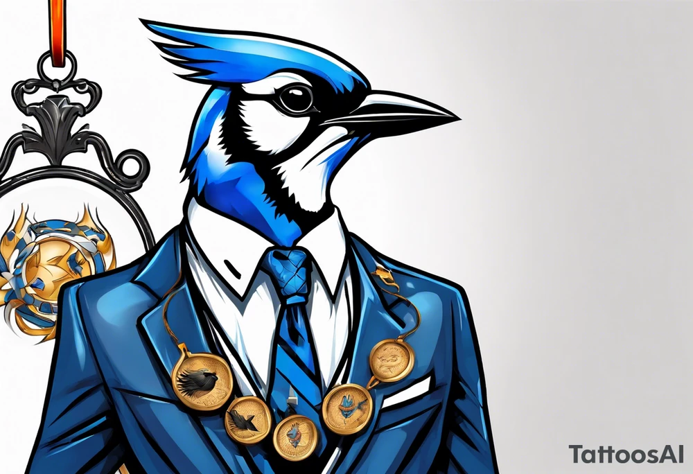 bluejay in a suit with a medal on around neck tattoo idea