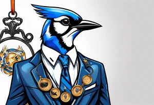 bluejay in a suit with a medal on around neck tattoo idea