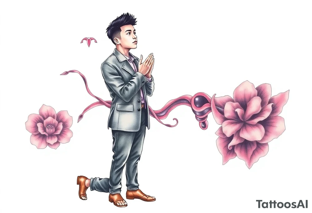Handsome Asian young guy is standing on his knees apologising tattoo idea
