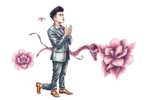 Handsome Asian young guy is standing on his knees apologising tattoo idea