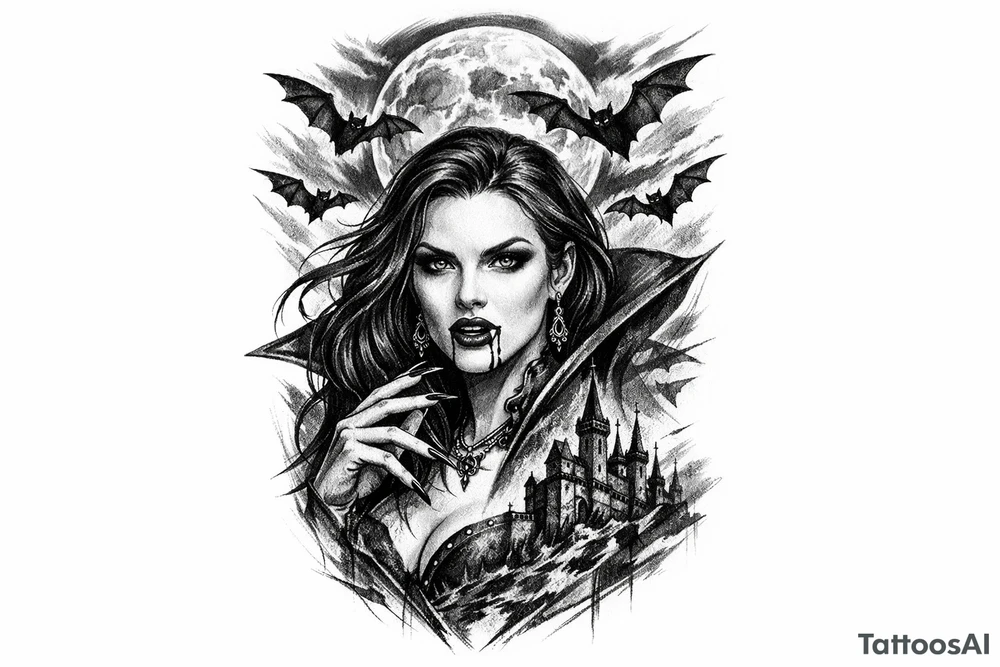 female vampire,bats,moon. tattoo idea