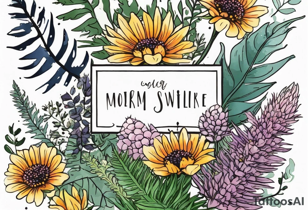 small vertical mixed wildflower bouquet with ferns, thistle and with color tattoo idea
