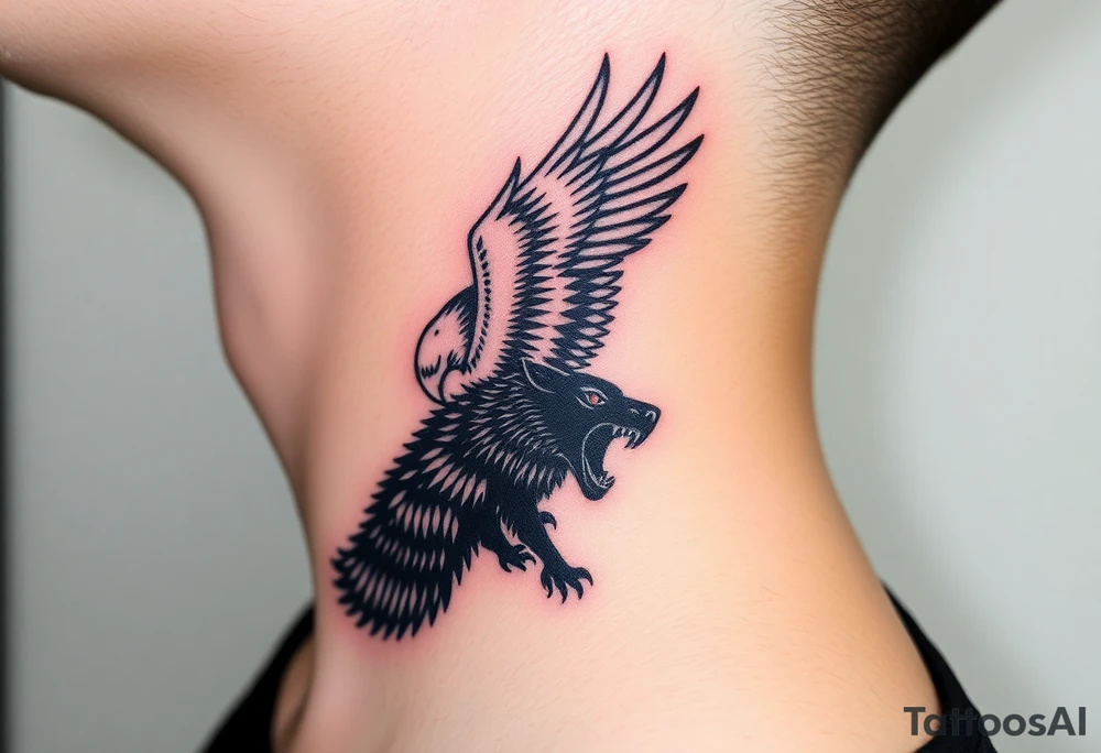 A fierce eagle locked in battle with a black wolf, their eyes glowing red and gold, creating an intense contrast tattoo idea
