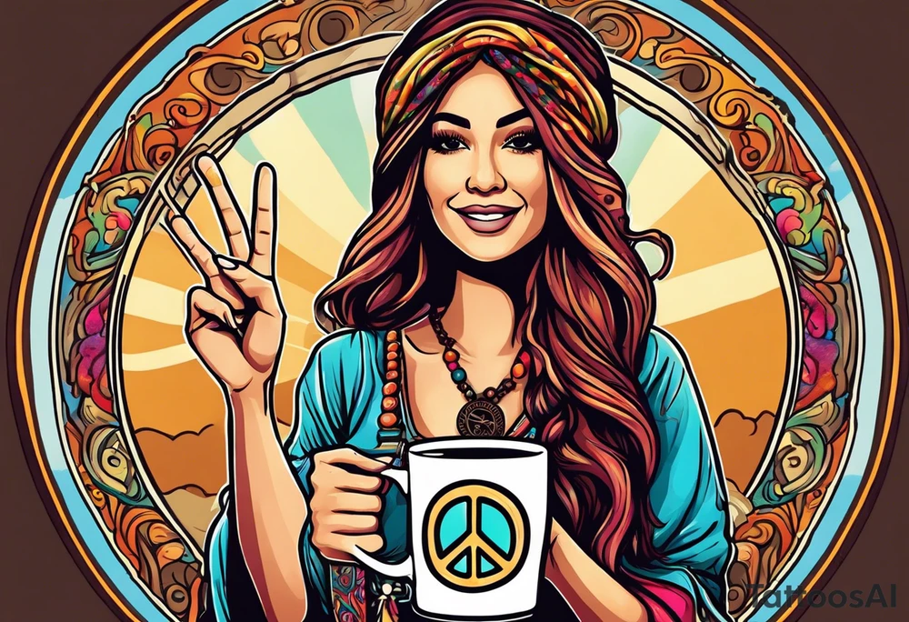 Groovy Coffee shop logo with hippie girl holding a peace sign on hand, peace sign on coffee mug tattoo idea