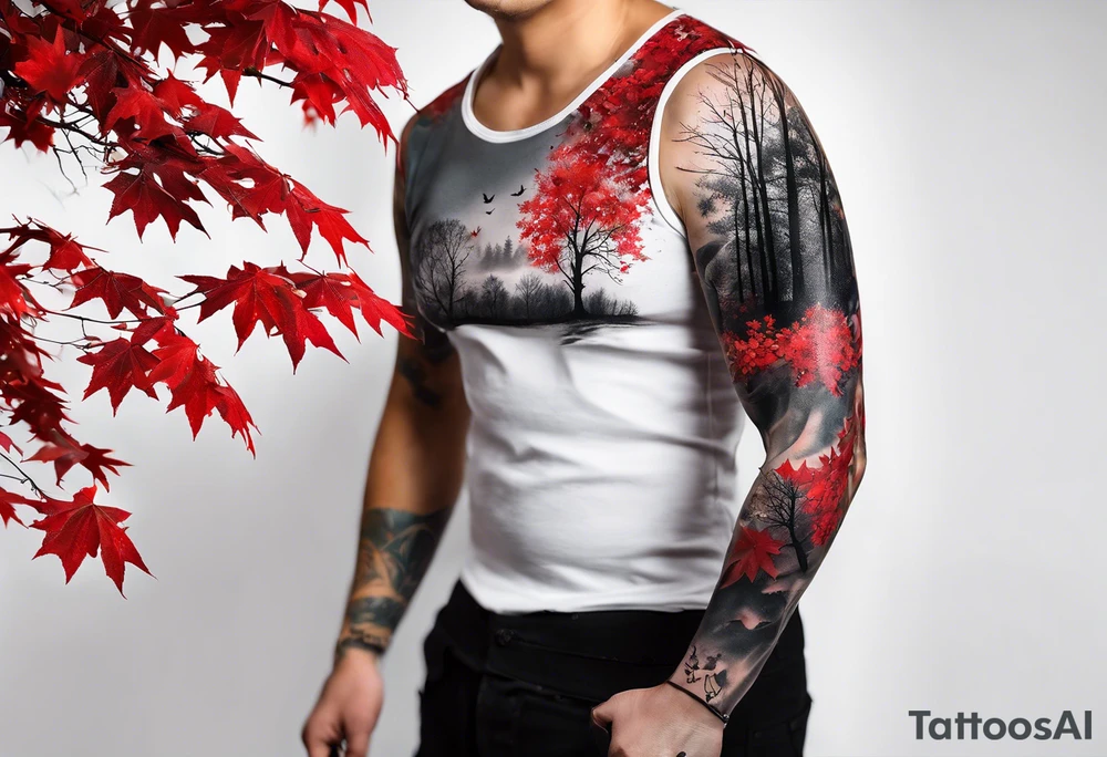 trash polka style. Arm tattoo. chest tattoo. Long tattoo. large tattoo. Full sleeve. Shoulder. A single large maple tree with red autumn leaves that branches upwards from wrist to shoulder. White-throated dipper bird on the trees branches. Calluna flowers at the base of the trees stem. Leaves falling. tattoo idea
