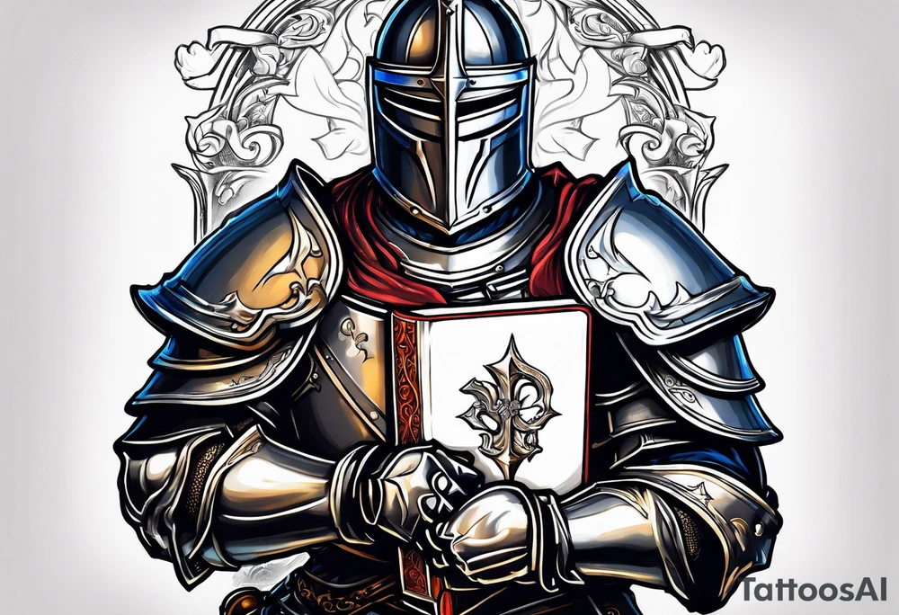 knight holding a bible over his head in combat tattoo idea