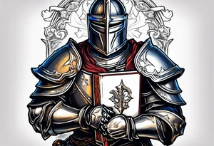 knight holding a bible over his head in combat tattoo idea