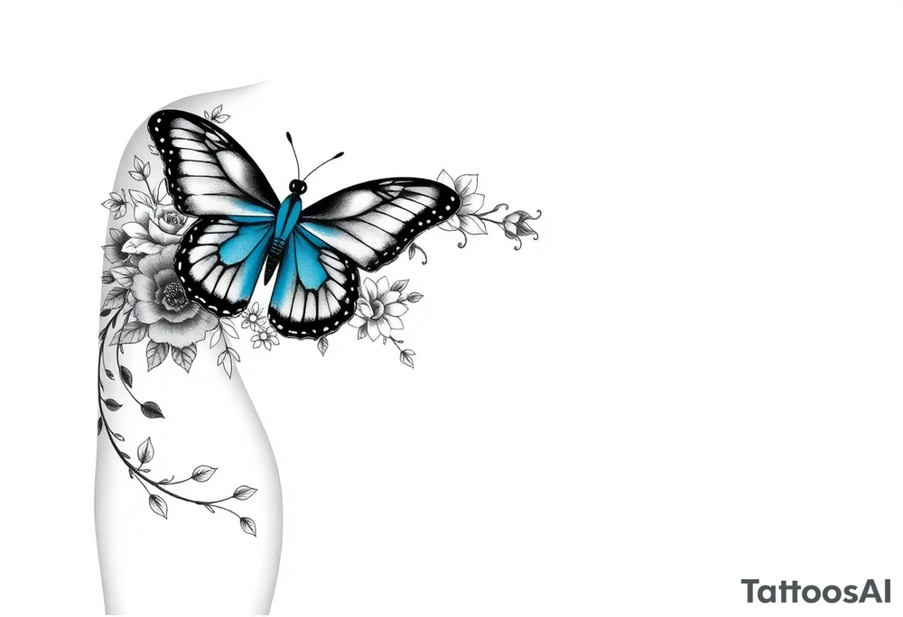 Sleeve/ floral with vines roses and daises large bright blue monarch in center of forearm with floral extending from wrist to mid bicep children’s names written with vines “ amber, Zachary, Justin, Harper, Vivian “ ARM SLEEVE tattoo idea