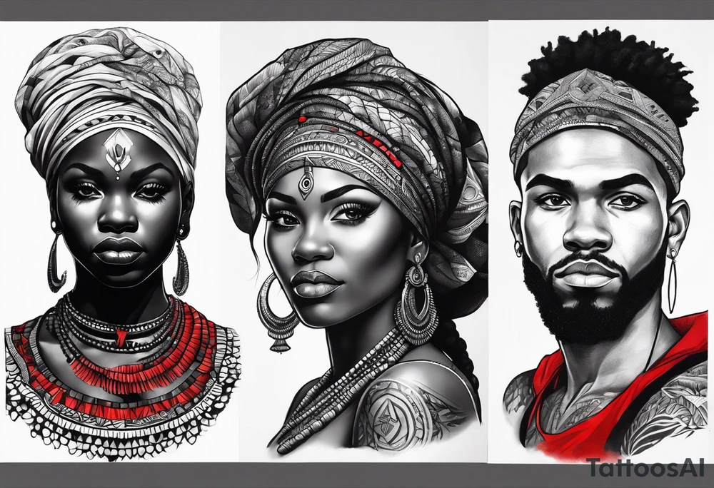 Deus èsú africano realista em preto e cinza com tons de vermelho tattoo idea