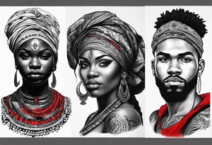 Deus èsú africano realista em preto e cinza com tons de vermelho tattoo idea