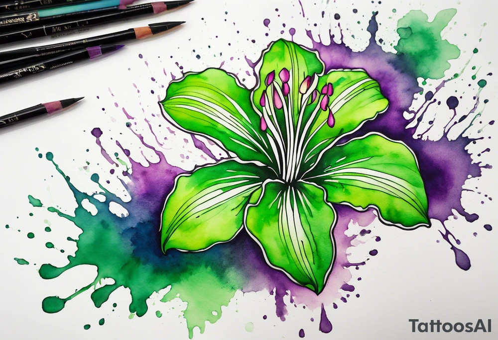 An outline of an only green rio dipladenia flower and a green and purple watercolor splash in the background tattoo idea