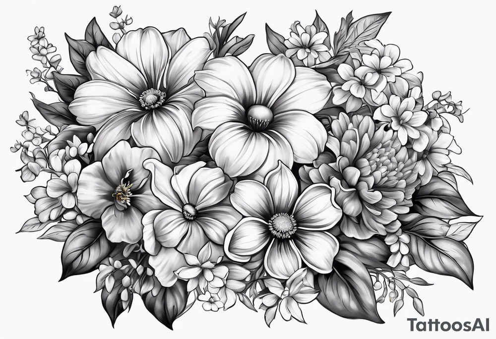 black and gray bunch of flowers with stems and leaves, three violets, one daffodil, five daisies, one rose, one morning glory, two marigolds, one chysanthemum with three of the daisies and the chrysanthemum at the center of the tattoo tattoo idea