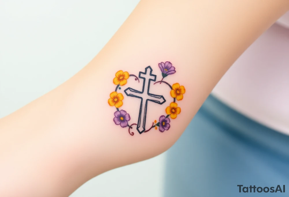 Yellow daisy Purple Hearts around a cross tattoo idea