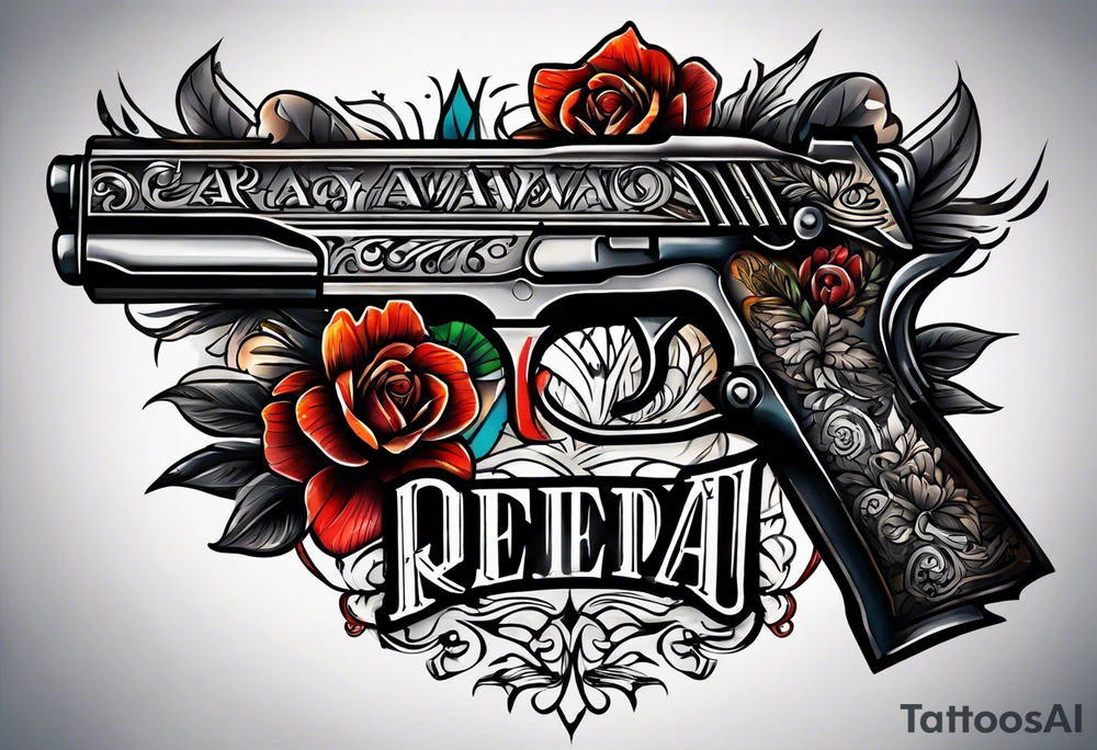 The letters AR with a pistol on each side and the word always on the top and the word ready on the bottom tattoo idea