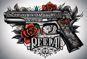 The letters AR with a pistol on each side and the word always on the top and the word ready on the bottom tattoo idea