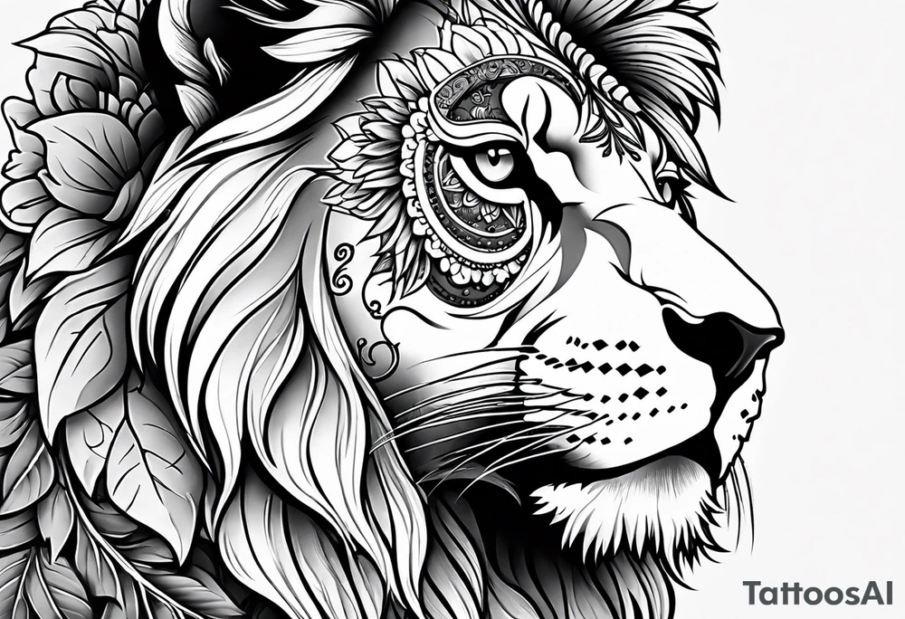 Lion, sugar skull,  flower tattoo idea