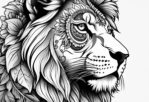 Lion, sugar skull,  flower tattoo idea