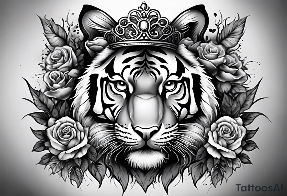 A full sleeve tiger with a crown and third eye with a hour glass instead the hour glass brain cover in in clouds and a heart cover in grass and roots with roses and smoke all over the arm tattoo idea