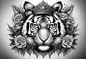 A full sleeve tiger with a crown and third eye with a hour glass instead the hour glass brain cover in in clouds and a heart cover in grass and roots with roses and smoke all over the arm tattoo idea