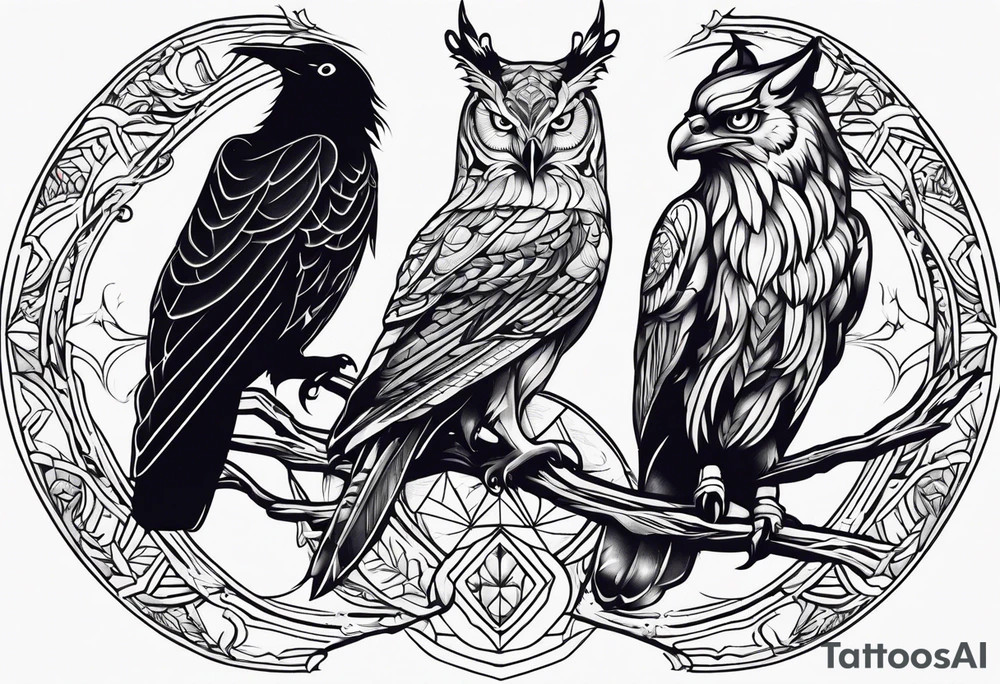 Phoenix with Raven and Tiger on left side and deer and owl on right tattoo idea