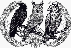 Phoenix with Raven and Tiger on left side and deer and owl on right tattoo idea