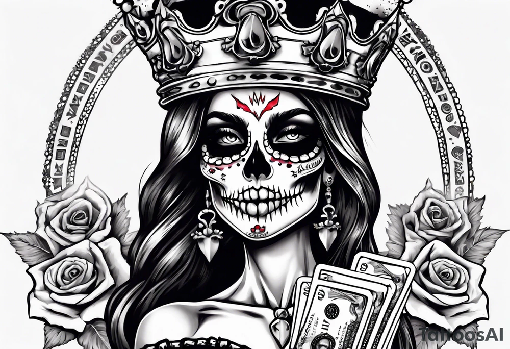 santa la muerta with money and crown
on the card tattoo idea