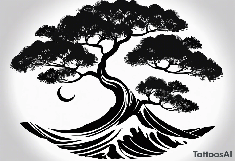 an abstract Tree of life tattoo design. Black and white. It should have roots growing out of the bottom. The roots slowly transform into water waves from the great wave by Hokusai. A golf ball should be placed discreetly. Like in the place of a moon. 2 license plate tags should be hanging from the tree. Place a few music notes. The letters A U should be engraved into the tree trunk in a heart tattoo idea