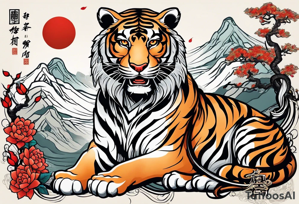 In English:

Create for me a tattoo in the Chinese style featuring a tiger, a rat, a snake, the Great Wall of China, and a temple. tattoo idea
