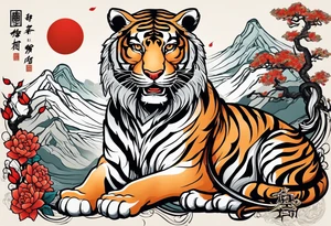 In English:

Create for me a tattoo in the Chinese style featuring a tiger, a rat, a snake, the Great Wall of China, and a temple. tattoo idea