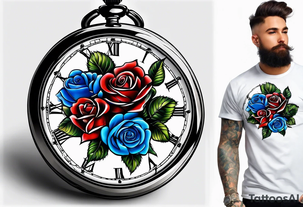 Pocket watch with blue roses tattoo idea