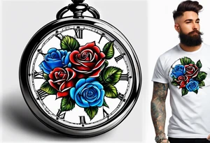 Pocket watch with blue roses tattoo idea